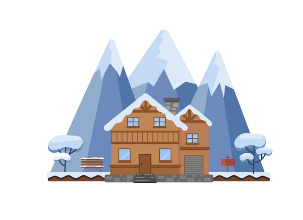 Snowcovered house on the background of a mountain landscape Flat design vector illustration