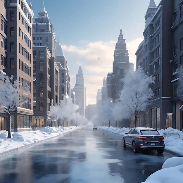 Snowcovered winter city street with vintage architecture creating a picturesque and nostalgic