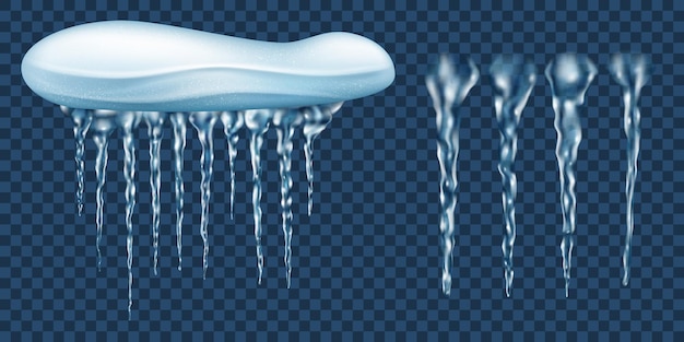 Snowdrift with hanging light blue realistic translucent icicles and a few extra. For use on dark background. Transparency only in vector format