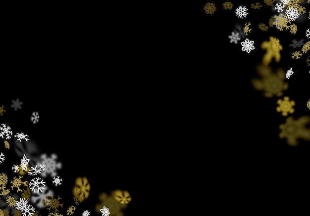 Snowfall background with golden snowflakes blurred in the dark