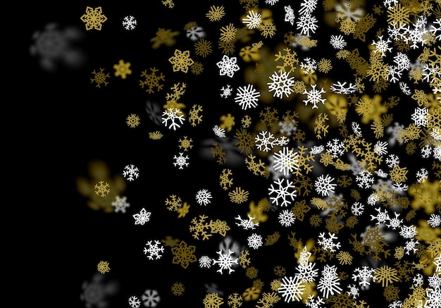 Snowfall background with golden snowflakes blurred in the dark