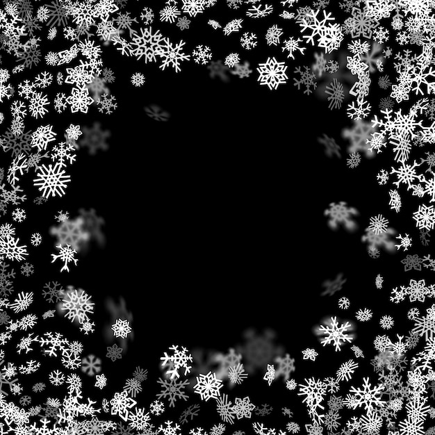 Snowfall background with snowflakes blurred in the dark