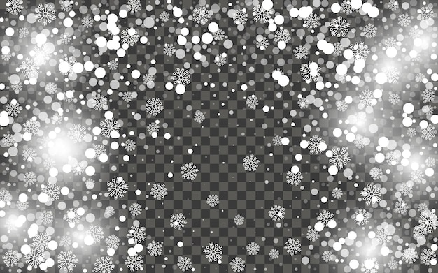 Snowfall and falling snowflakes on dark transparent background. White snowflakes and Christmas snow. Vector illustration