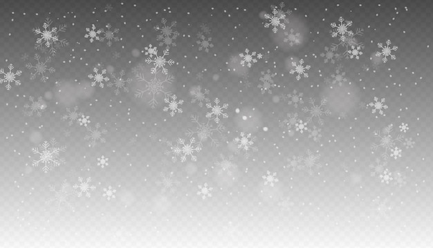 Snowfall, seamless realistic falling snow, snowflakes in different shapes and forms, winter weather.