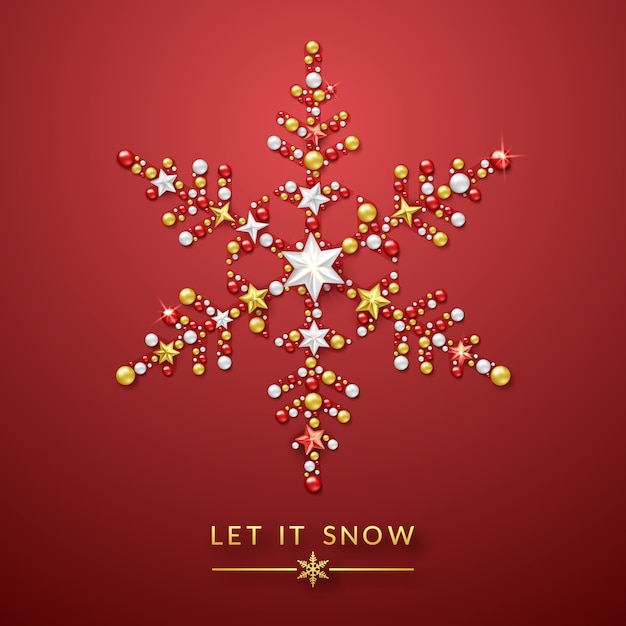 Snowflake background with Shining stars, bow and colorful balls