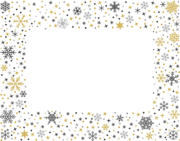 Snowflake black gold silver linear border Copy space snow flakes frame Merry Christmas and Happy New Year greeting card poster banner template Winter ornate ice star background Xmas letter decor