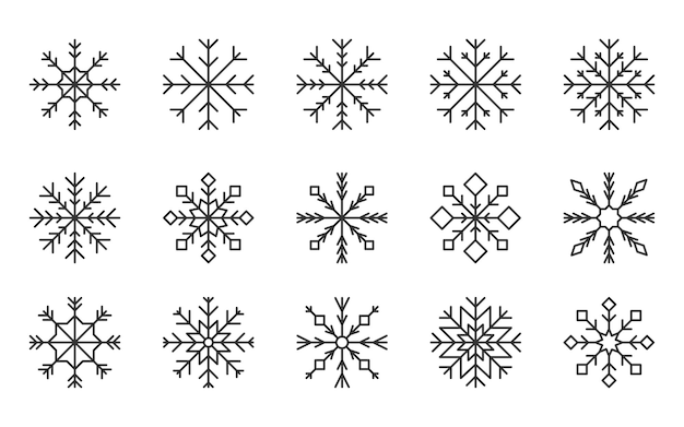 Snowflake crystal hexagon editable line black set Winter frozen silhouette snow flakes new year ice shape geometric pattern symbol postcard christmas card traditional banner freeze element isolated