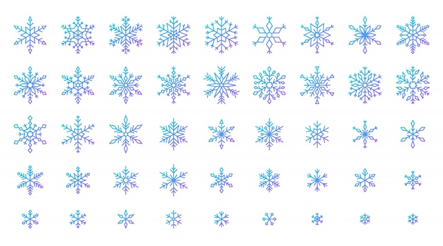 Snowflake icons set, cold ice crystal winter snow, gdradient line sixpointed star.