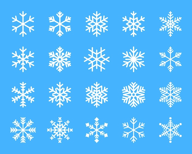 Snowflake winter set of white isolated icon silhouette on blue background. Vector illustration.