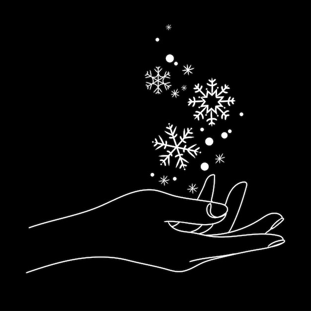 Snowflakes on a female hand Line art drawing on a black background vector.Winter decoration