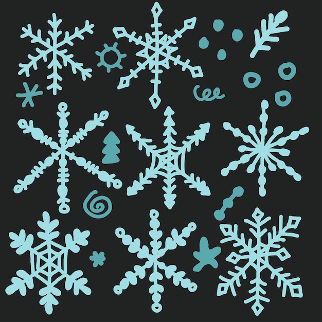 Snowflakes hand drawn set with doodles