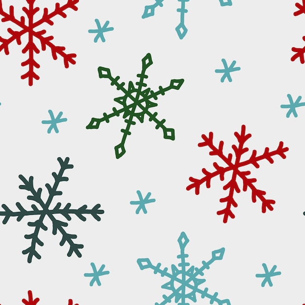 Snowflakes hand drawn vector pattern with traditional christmas colors