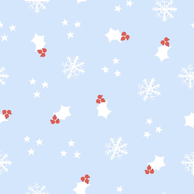 Snowflakes and red berries winter seamless pattern