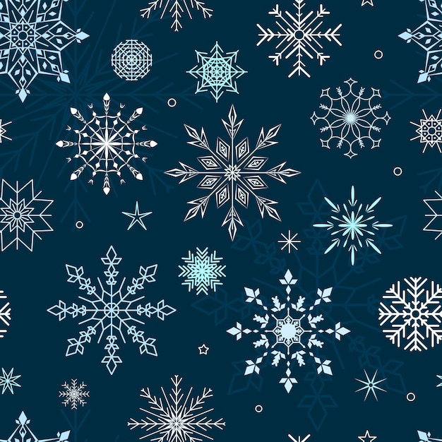 Snowflakes seamless pattern Set of white snowflakes on blue background Winter design