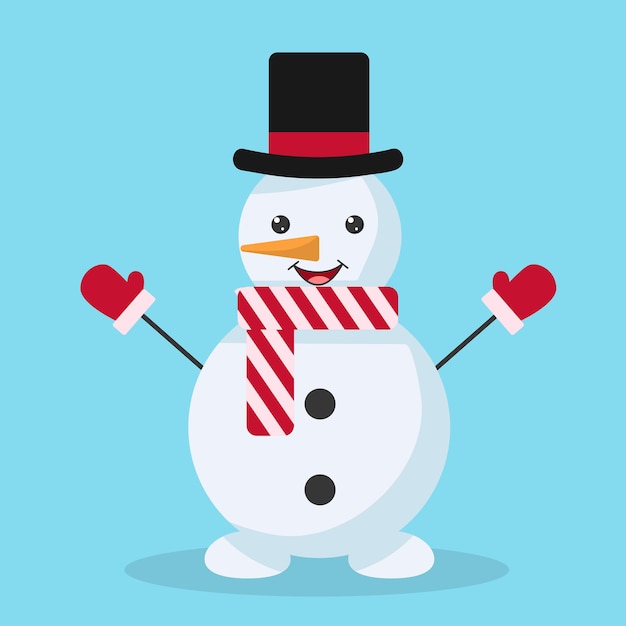 snowman in a black hat in red mittens and a scarf