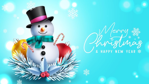 Snowman christmas greeting vector design. Merry christmas typography text with snow man character.