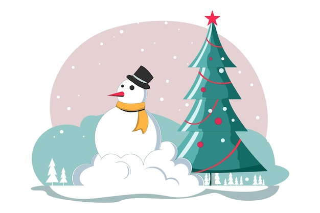 Snowman and Christmas tree Flat Style Illustration