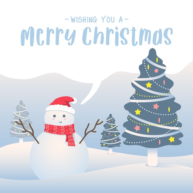 Snowman and christmas tree winter background