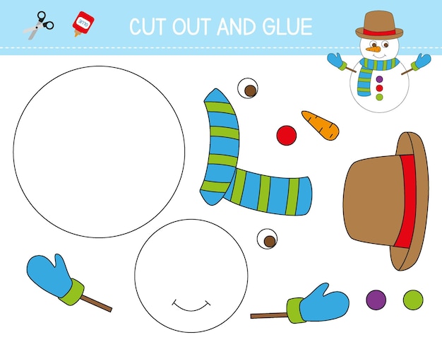 Snowman cut and glue worksheet for kids. Winter cutting practice activity . Educational game