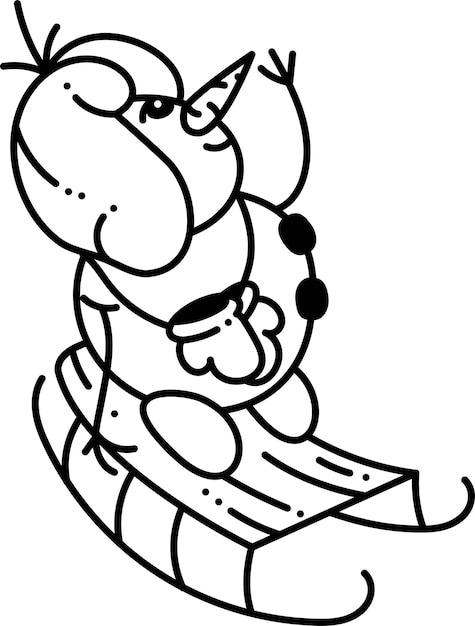 Snowman doodle2 A cute snowman in a winter hat is sledding Cartoon white and black vector illustration