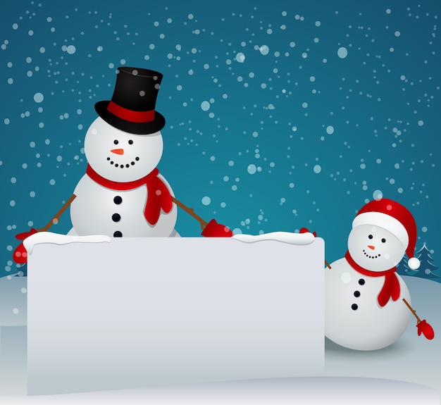 snowman family in Christmas winter scene with sign