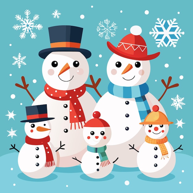 Vector snowman family with different hats and accessories surrounded by snowflakes