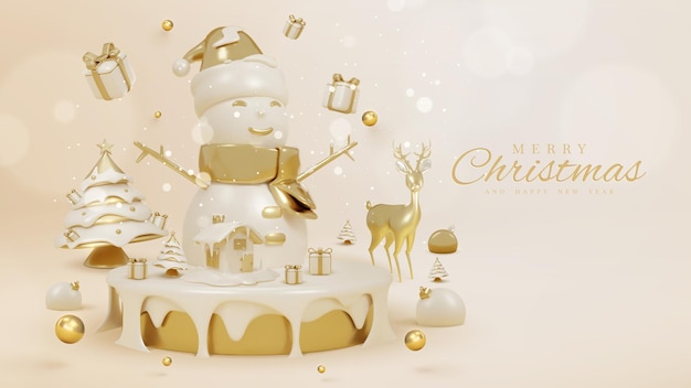 Snowman on golden podium and 3d realistic Christmas ornaments and light effect decorations and snow