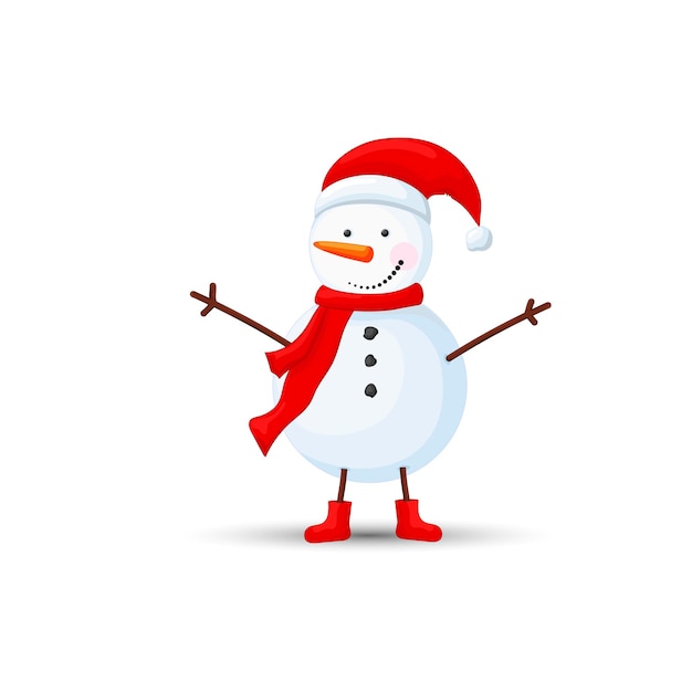 Snowman in hat with raised hands on white background.