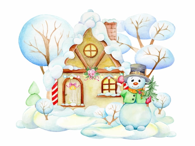 Snowman house in the snow watercolor clipart on an isolated background