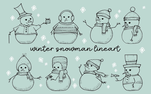 Snowman Lineart for Winter and Christmas Elements Hand drawn Vector