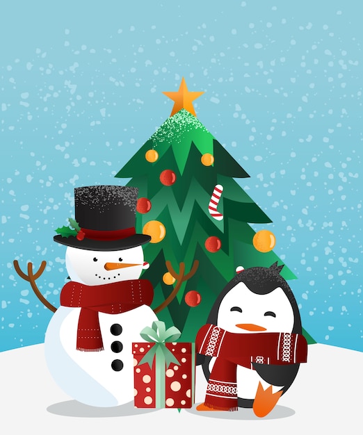 Snowman and penguin with the Christmas tree