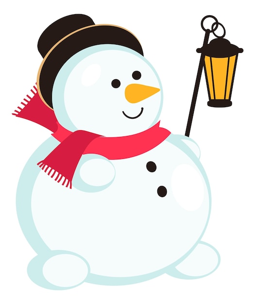 Snowman in red scarf with lantern Cute cartoon character