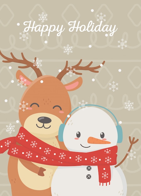 Snowman reindeer celebration happy christmas card