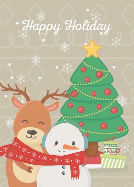 Snowman and reindeer with tree gifts illustration