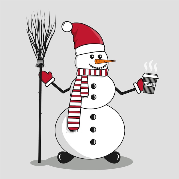 A snowman stands with a broom and holds hot coffee in his hand