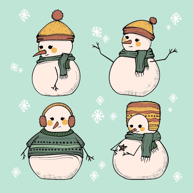 Snowman for Winter and Christmas Elements Hand drawn Vector Recolorable 01