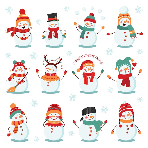 Snowman winter holidays set. Cheerful snowmen in different costumes.