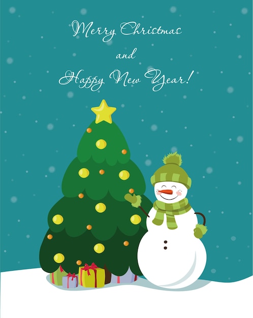 Snowman with gifts beside christmas tree. Christmas background. Vector illustration