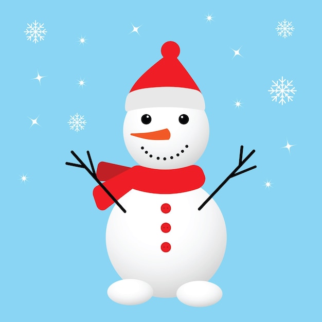 Snowman with hat and scarf on blue background. Vector illustration