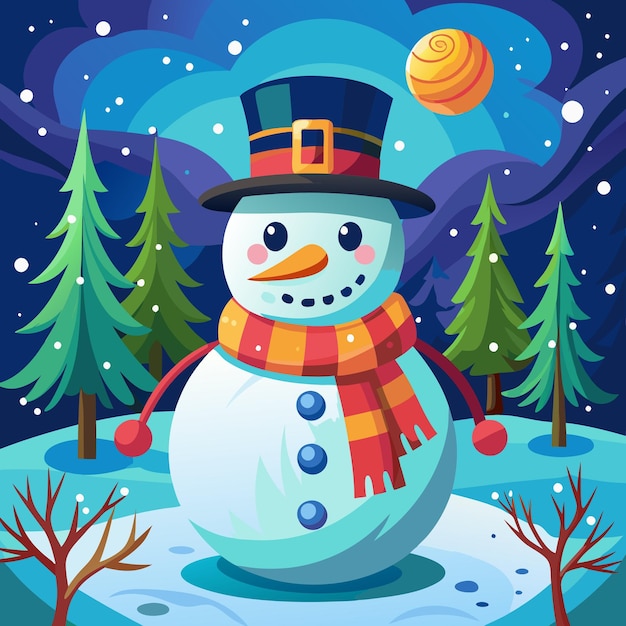 Vector a snowman with a hat and scarf is standing in a snowy forest vector illustrator