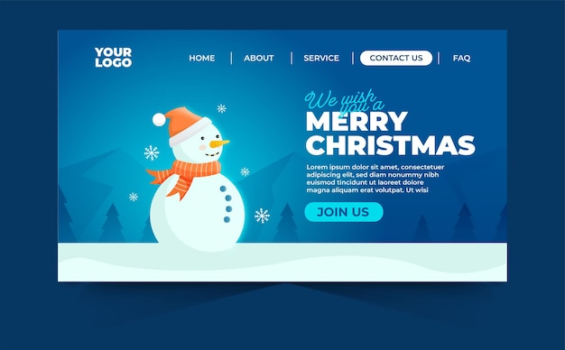 Snowman with Merry Christmas greetings landing page winter background design