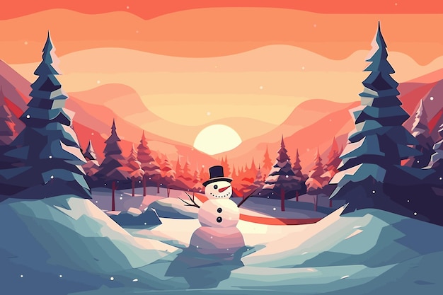 A snowman with a red hat and a red hat is in a snowy forest