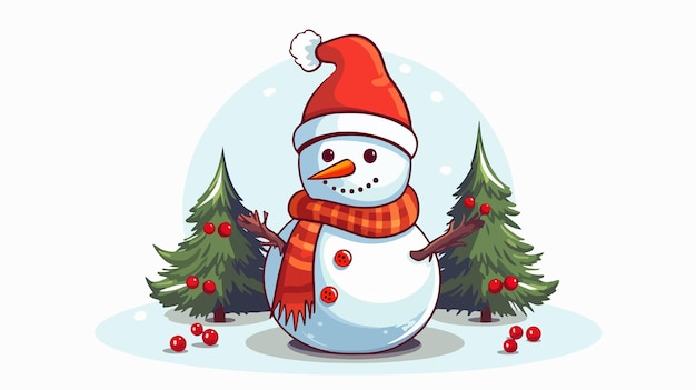 Vector a snowman with a red hat and scarf is standing in front of a pine tree