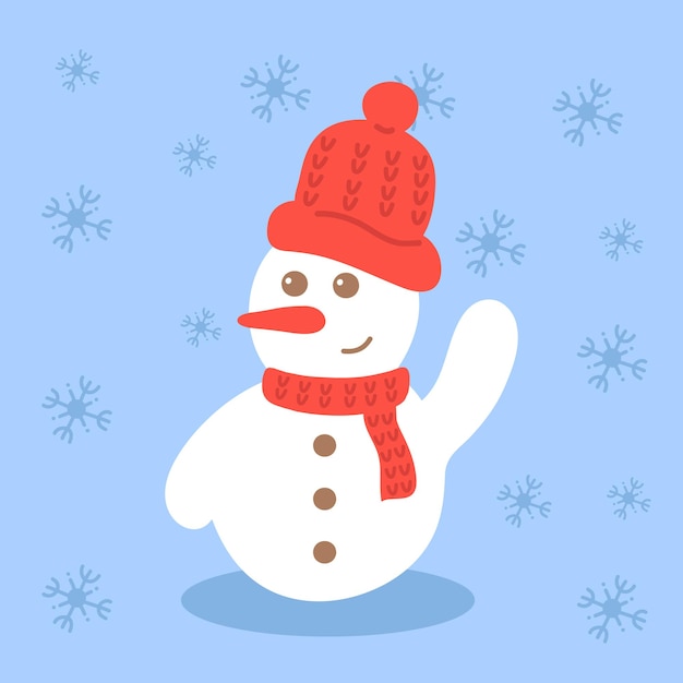 Snowman with red hatSnowman waving Christmas vector flat illustration