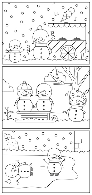 Snowmen having fun winter vector coloring pages