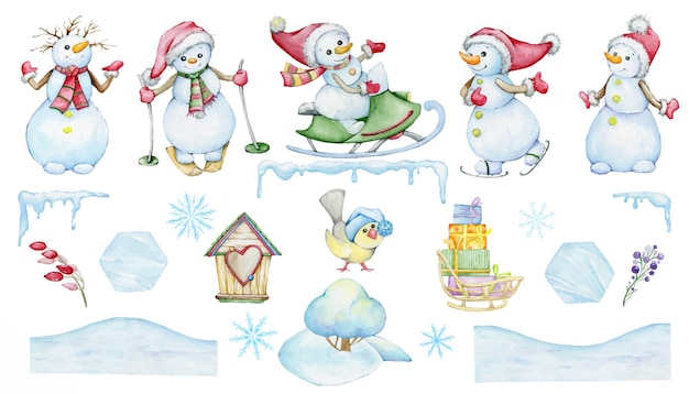 Snowmen snowmobile snowflakes crystals Watercolor winter set in cartoon style on an isolated background