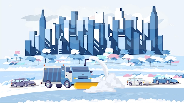 Vector snowplow removing snow from the road on the urban landscape winter city landscape skyline