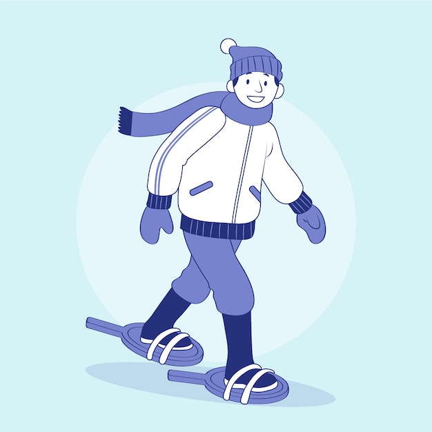 Snowshoeing illustration in hand drawn style