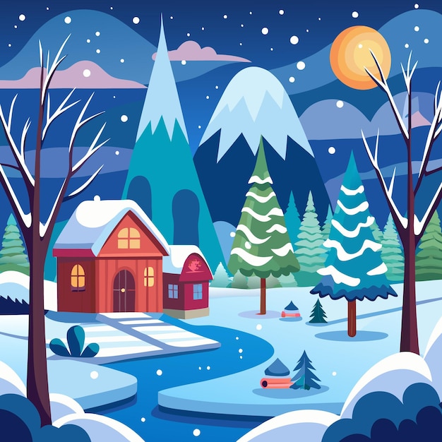 Vector snowy cabin landscape with mountains and river