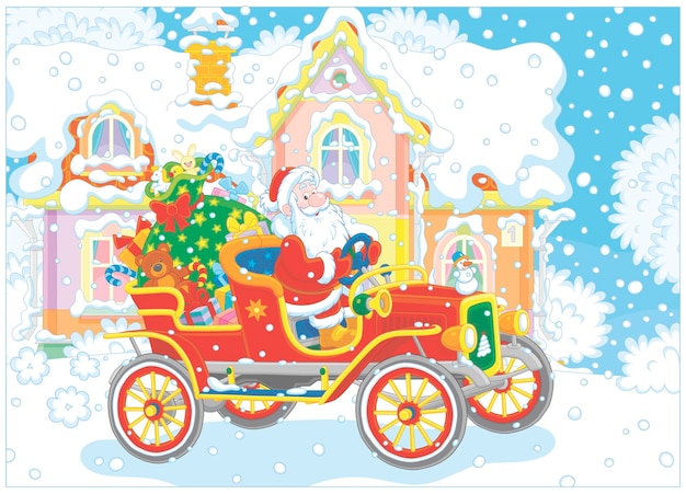 On a snowy day Santa Claus driving his funny old car with a magical bag of Christmas gifts and toys